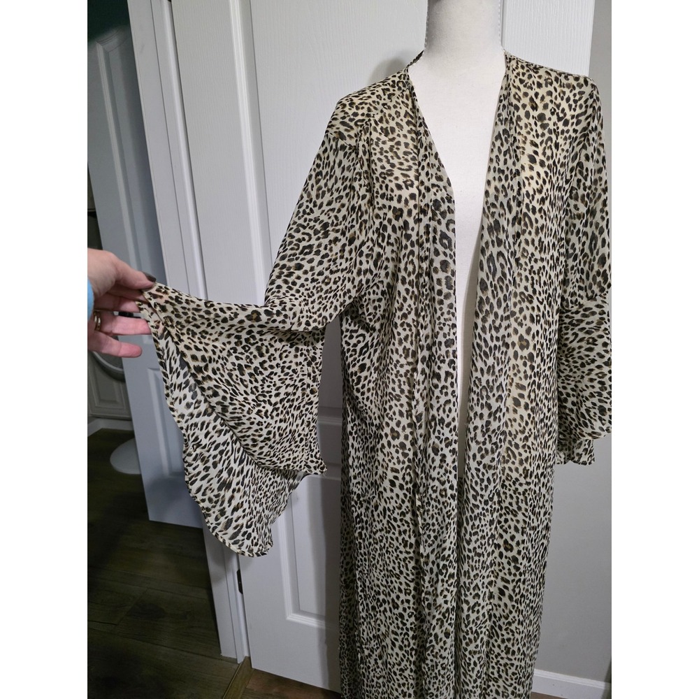 Leopard Print Kimono Women's XL Brown Tiered Bell Sleeve Open Front Duster Umgee